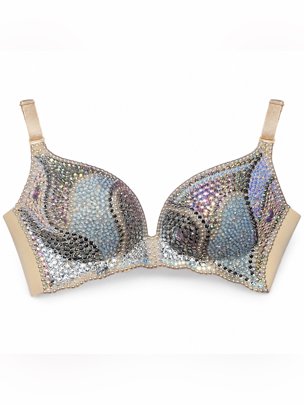 34DD Crystal AB Iridescent & Mixed Opal Design Rhinestone Glam Wireless Bra